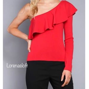 Red One Shoulder Ruffle Sweater